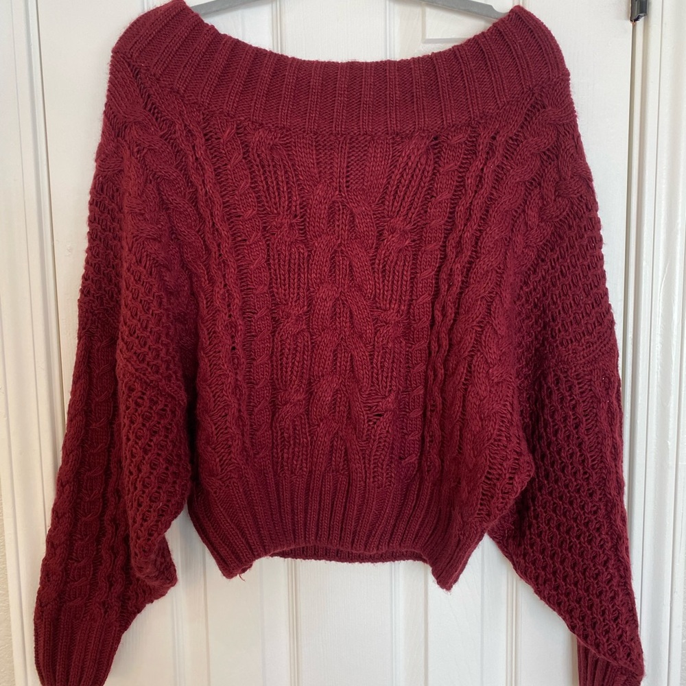Anthropologie Off the Shoulder Maroon Knit Sweater